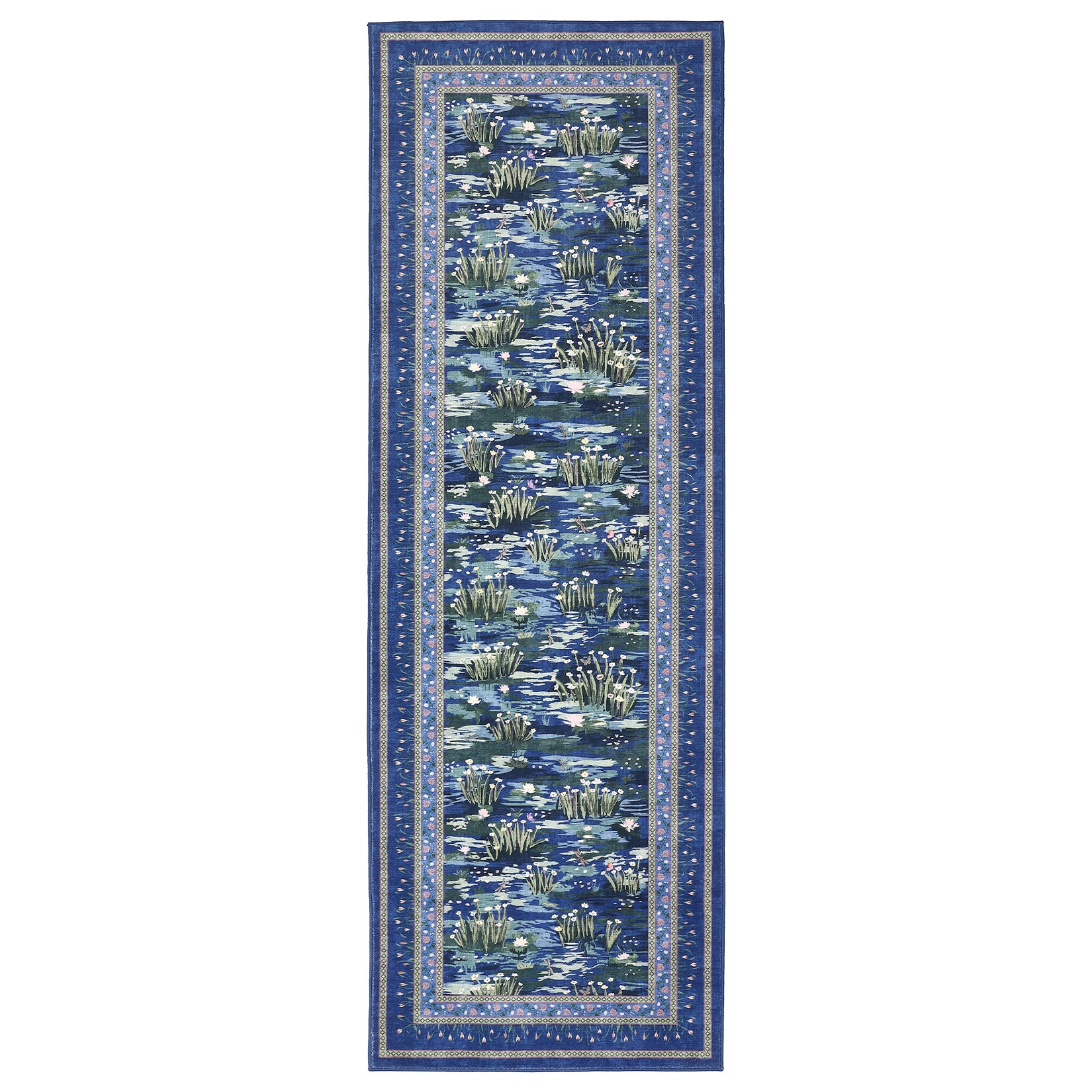 Garvee Blue Botanical Kitchen Runner Rug 2x6, Washable Non Slip Low Pile Indoor Carpet, Floral Nature Pond Rug for Hallway Entryway Bedroom Farmhouse Decor