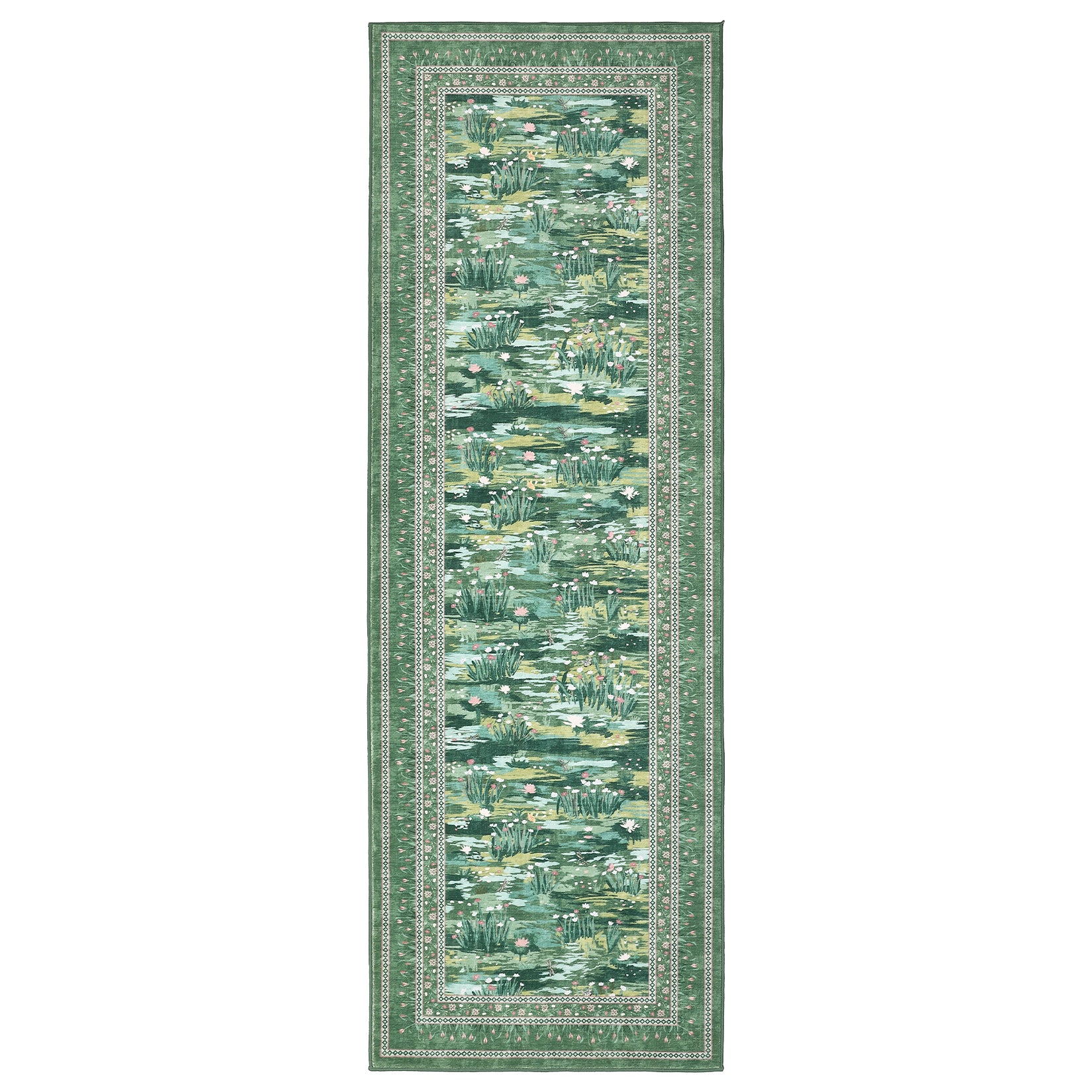 Garvee Green Botanical Kitchen Runner Rug 2x6, Washable Non Slip Low Pile Indoor Carpet, Floral Nature Pond Rug for Hallway Entryway Bedroom Farmhouse Decor