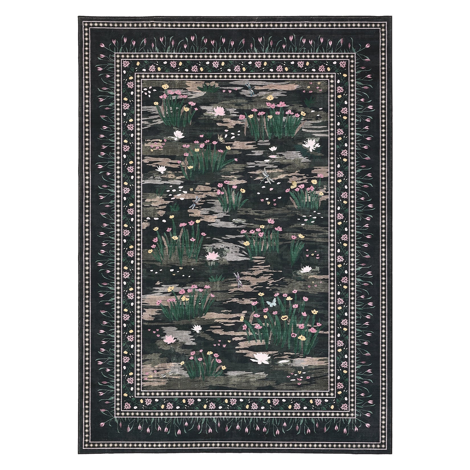 Garvee Floral 9x12 Area Rugs Washable Non Slip Modern Floor Rugs Large Low Pile Stain Resistant Indoor Farmhouse Carpet Black