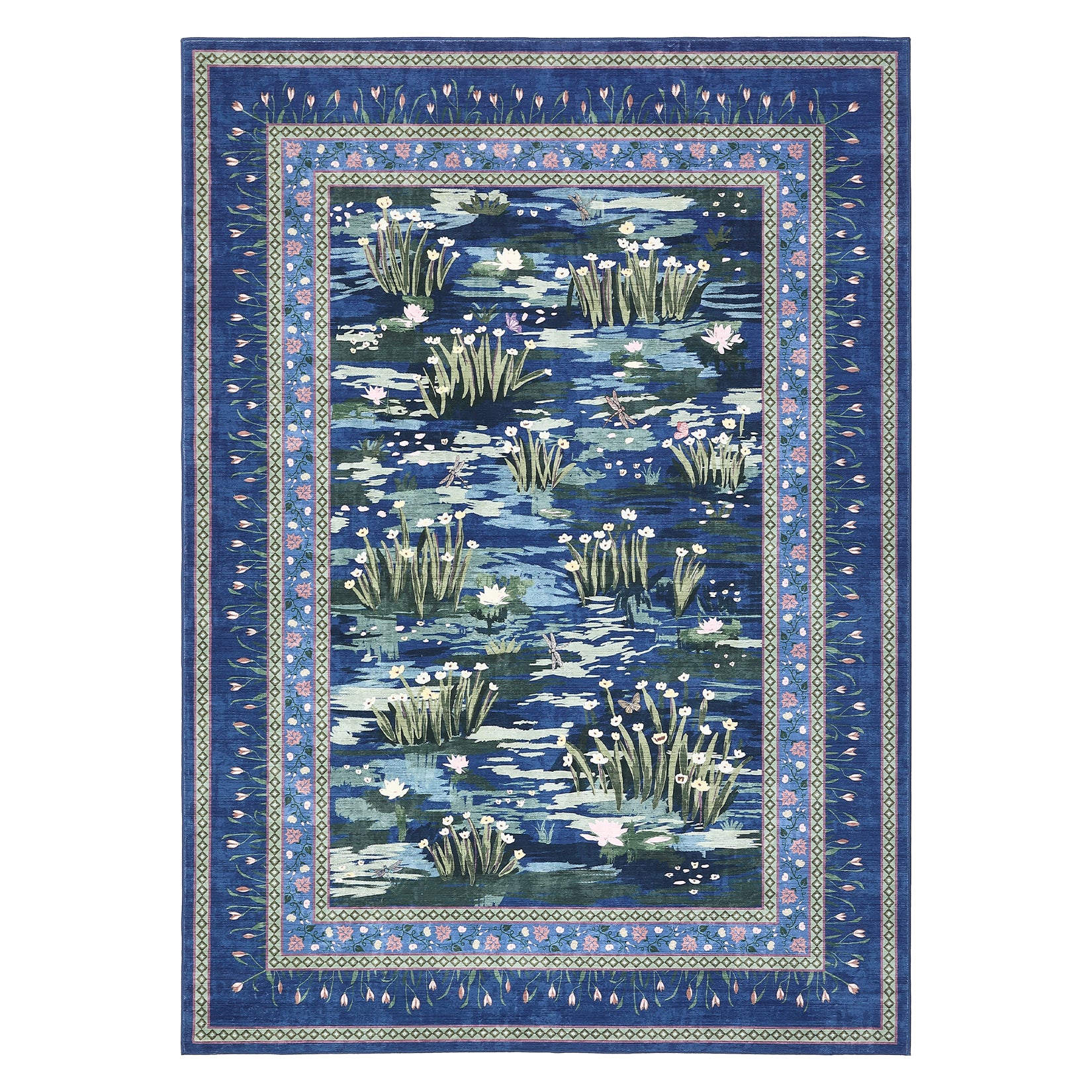 Garvee Blue Botanical Floral Area Rug 5x7, Washable Non Slip Low Pile Indoor Carpet, Vintage Nature Pond Farmhouse Rug for Living Room Bedroom Entryway