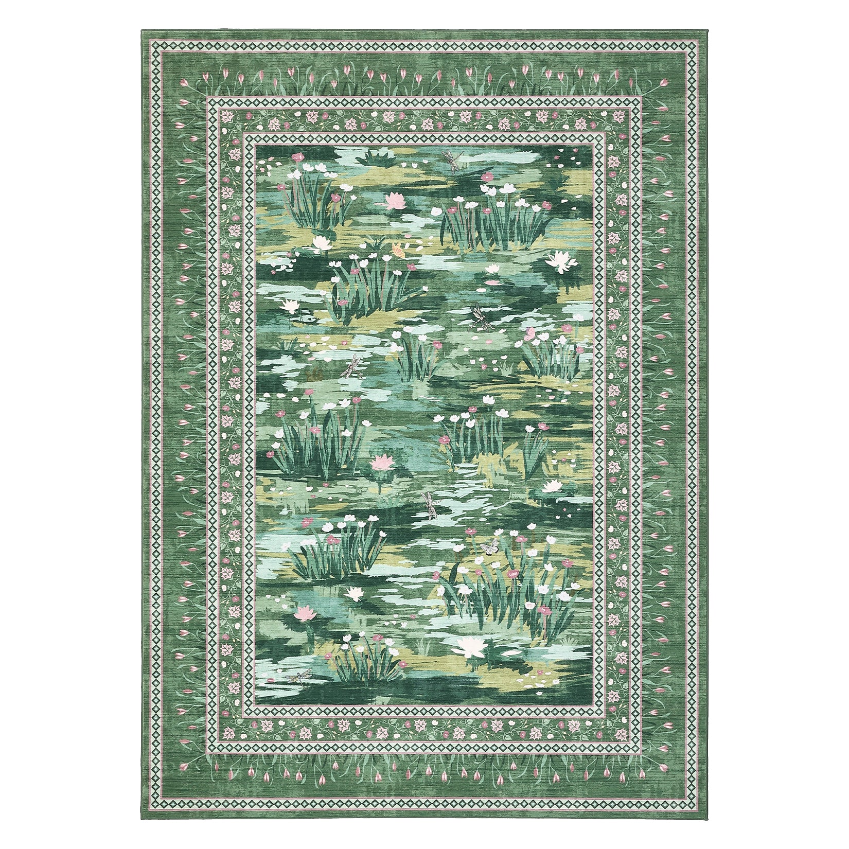 Garvee Floral 5x7 Living Room Bedroom Rugs, Washable Large Non-Slip Accent Dining Room Rug, Soft Low-Pile Indoor Modern Decorative Rugs, Bordered Water Lily Print Rug for Nursery Home Office, Green