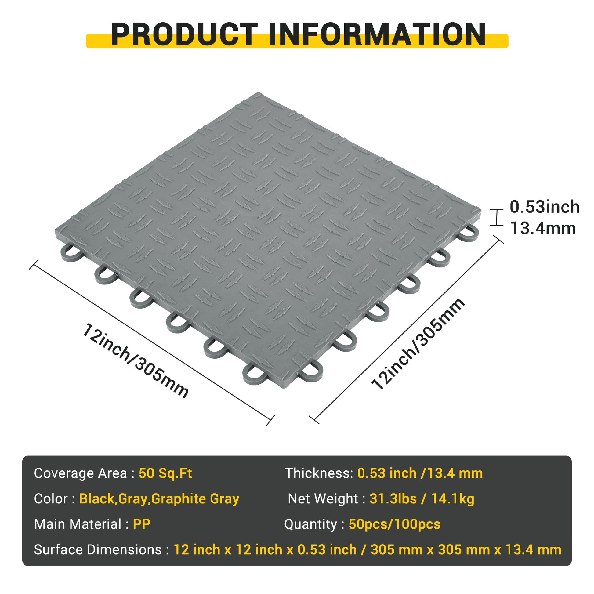 Garvee 100 Pack 12"X12" Interlocking Garage Floor Tiles,Double-Sided Non-Slip Flooring, Heavy Duty PVC Garage Flooring Tiles Covering for Basement, Workshop & Repair Shop, Gray