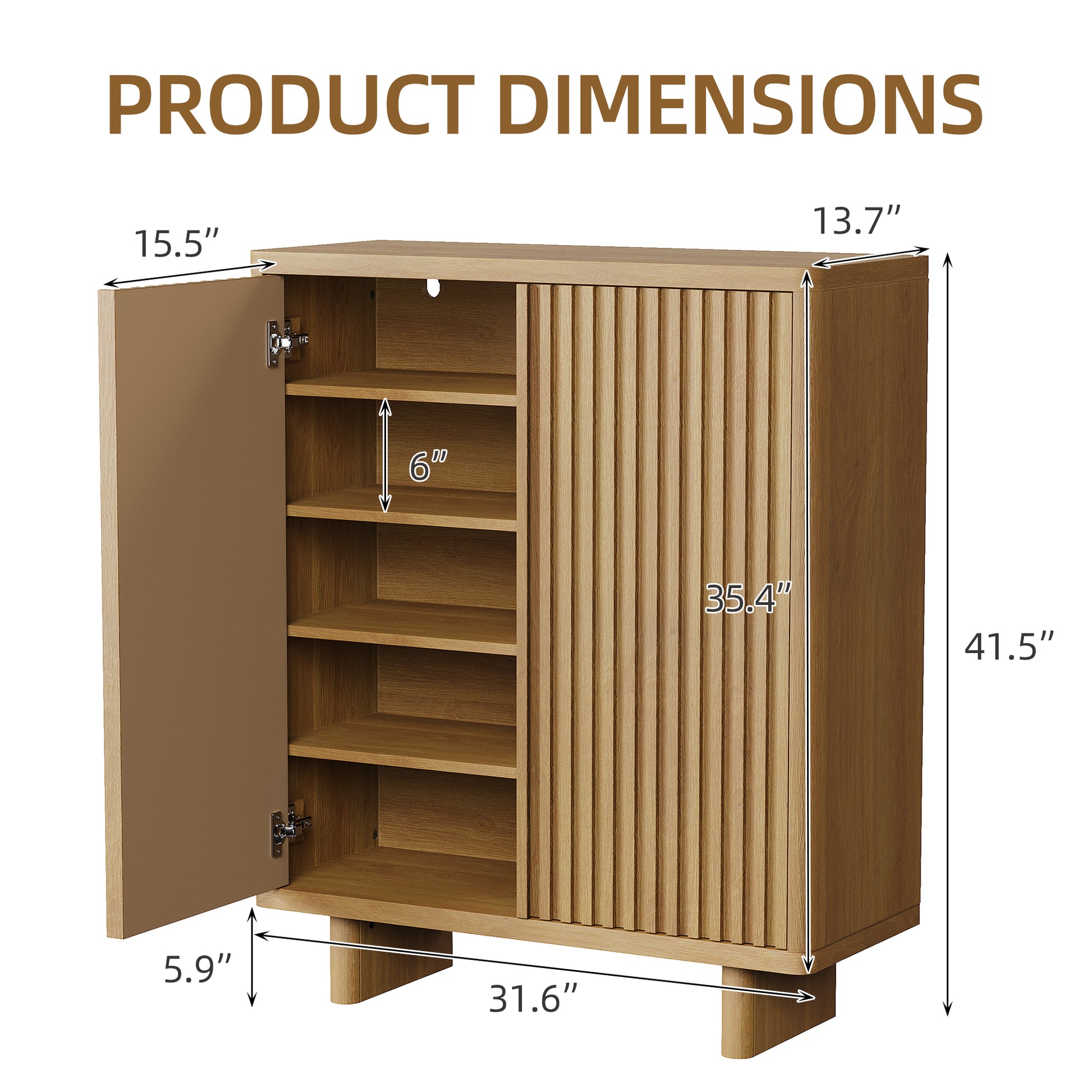 Garvee 31.6 Inch Shoe Cabinet with Fluted Door, 5-Tier Storage, Adjustable Shelves, Rustic Entryway Bench, Hallway, Natural
