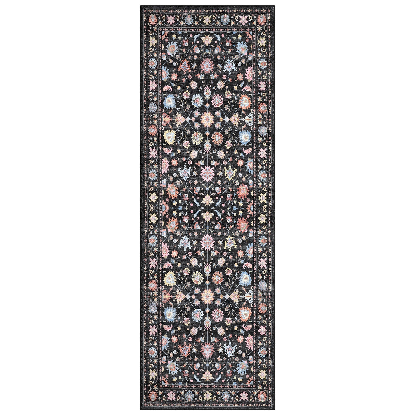 Garvee 2' x 6' Vintage Persian Butterfly Floral Runner Rug, Machine Washable Non-Slip Low-Pile Soft Rug for Hallway & Kitchen, Black