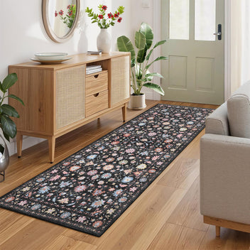 Garvee 2' x 6' Vintage Persian Butterfly Floral Runner Rug, Machine Washable Non-Slip Low-Pile Soft Rug for Hallway & Kitchen, Black