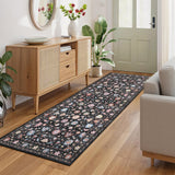Garvee 2' x 6' Vintage Persian Butterfly Floral Runner Rug, Machine Washable Non-Slip Low-Pile Soft Rug for Hallway & Kitchen, Black - Black