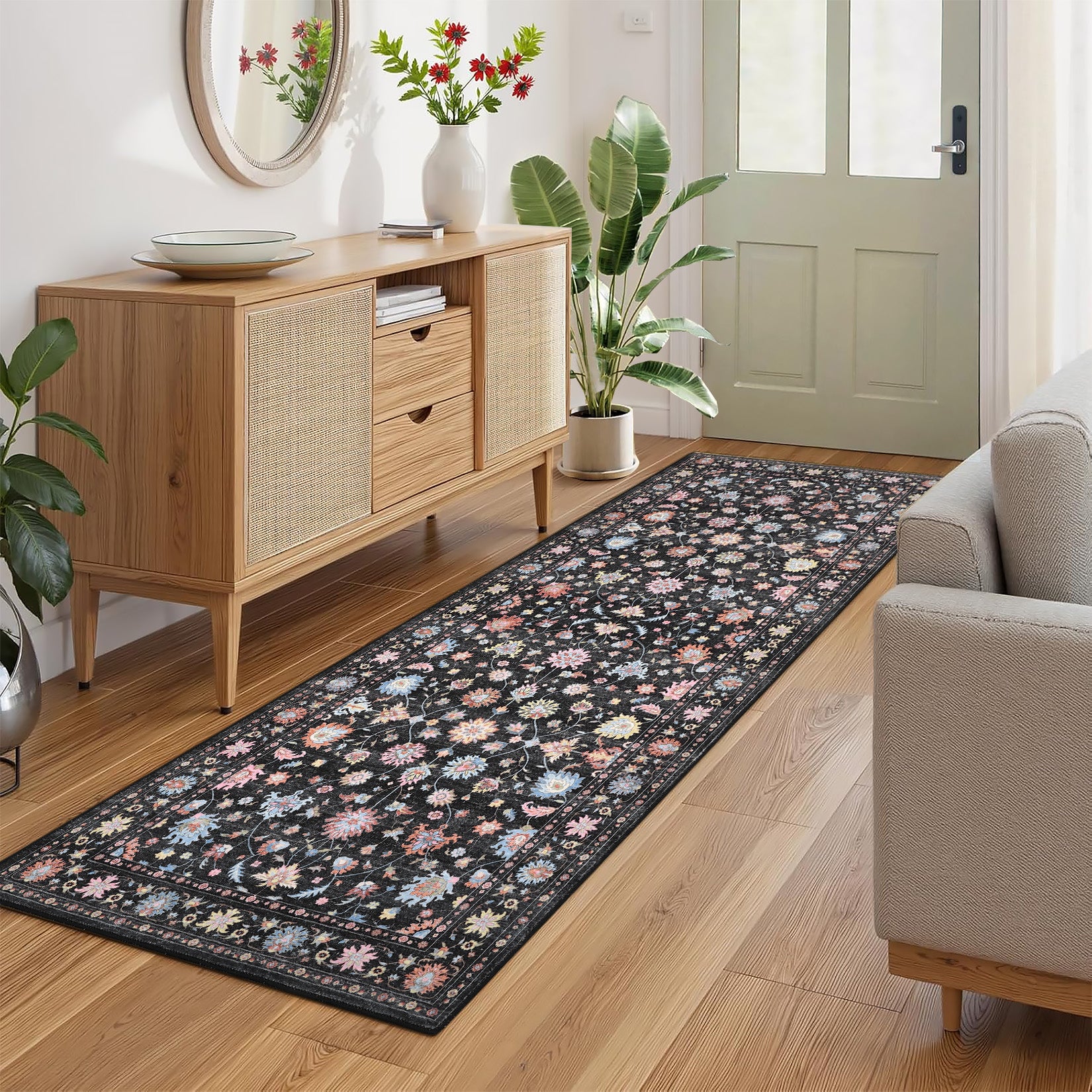Garvee 2' x 6' Vintage Persian Butterfly Floral Runner Rug, Machine Washable Non-Slip Low-Pile Soft Rug for Hallway & Kitchen, Black