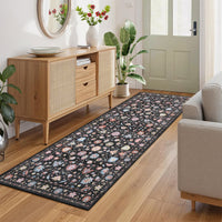 Garvee 2' x 6' Vintage Persian Butterfly Floral Runner Rug, Machine Washable Non-Slip Low-Pile Soft Rug for Hallway & Kitchen, Black