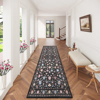 Garvee 2' x 6' Vintage Persian Butterfly Floral Runner Rug, Machine Washable Non-Slip Low-Pile Soft Rug for Hallway & Kitchen, Black