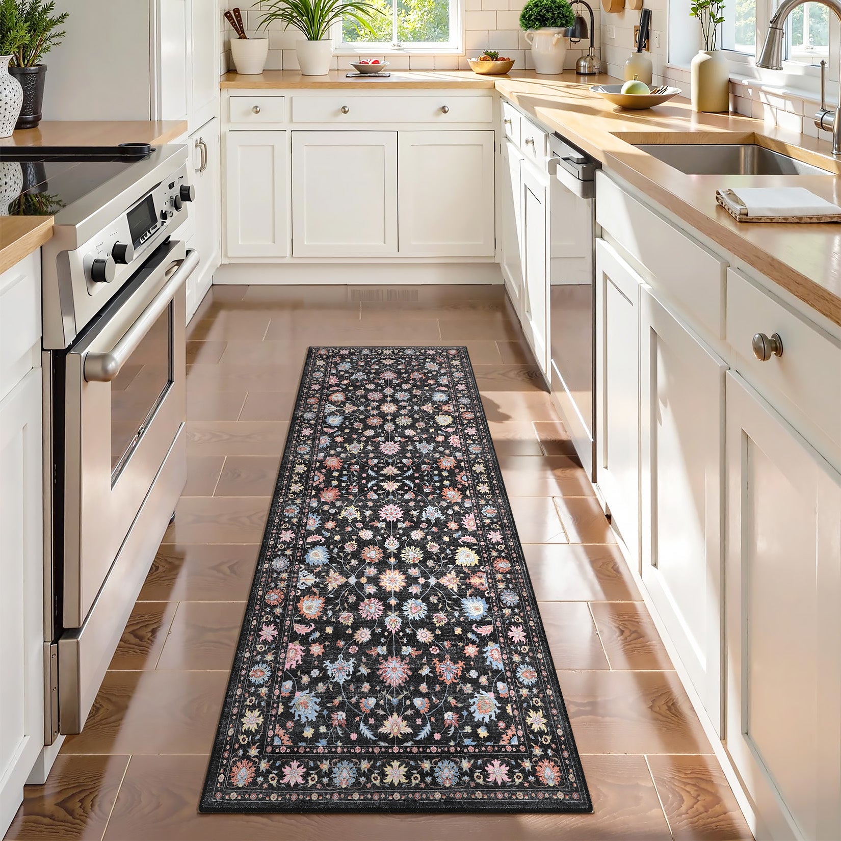Garvee 2' x 6' Vintage Persian Butterfly Floral Runner Rug, Machine Washable Non-Slip Low-Pile Soft Rug for Hallway & Kitchen, Black