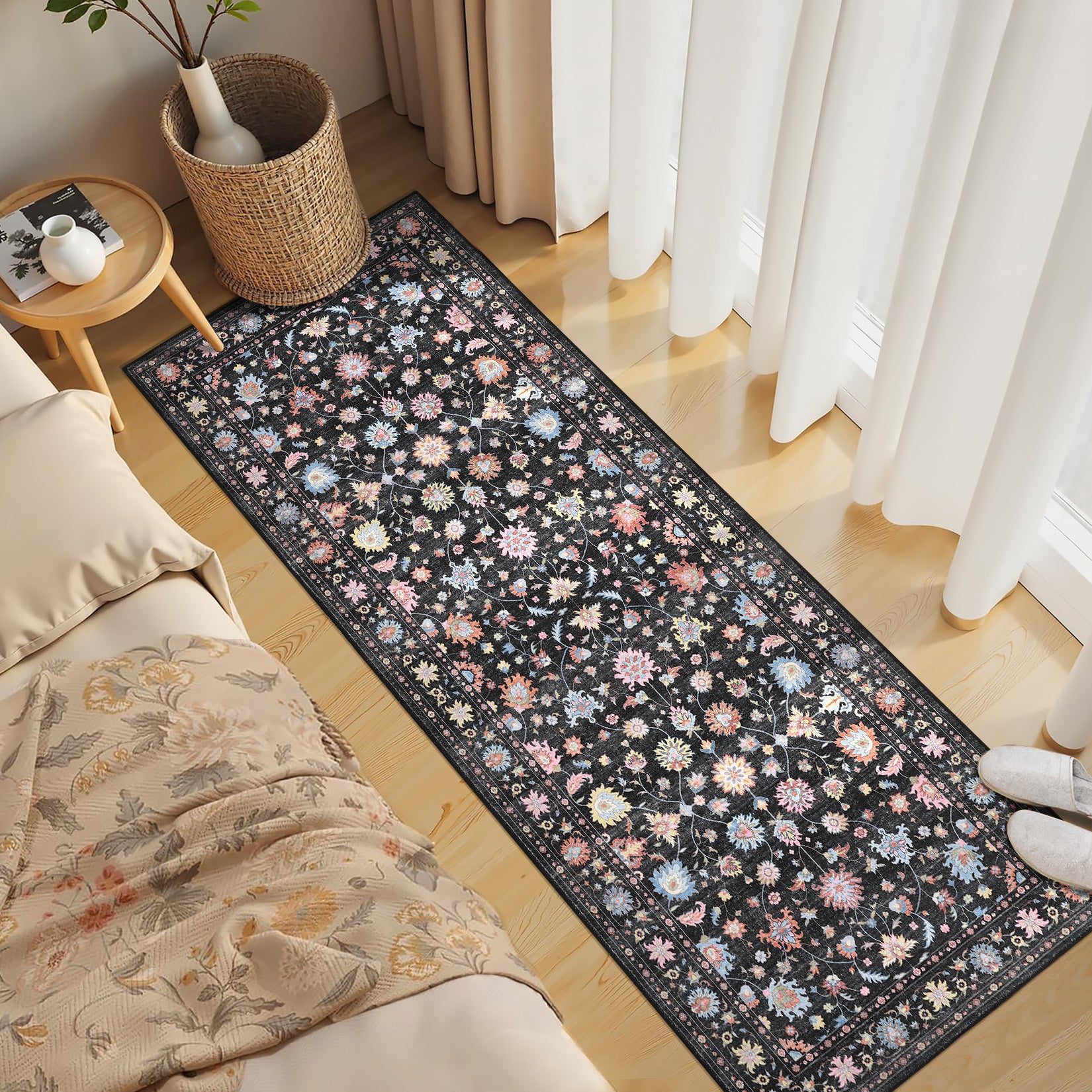 Garvee 2' x 6' Vintage Persian Butterfly Floral Runner Rug, Machine Washable Non-Slip Low-Pile Soft Rug for Hallway & Kitchen, Black