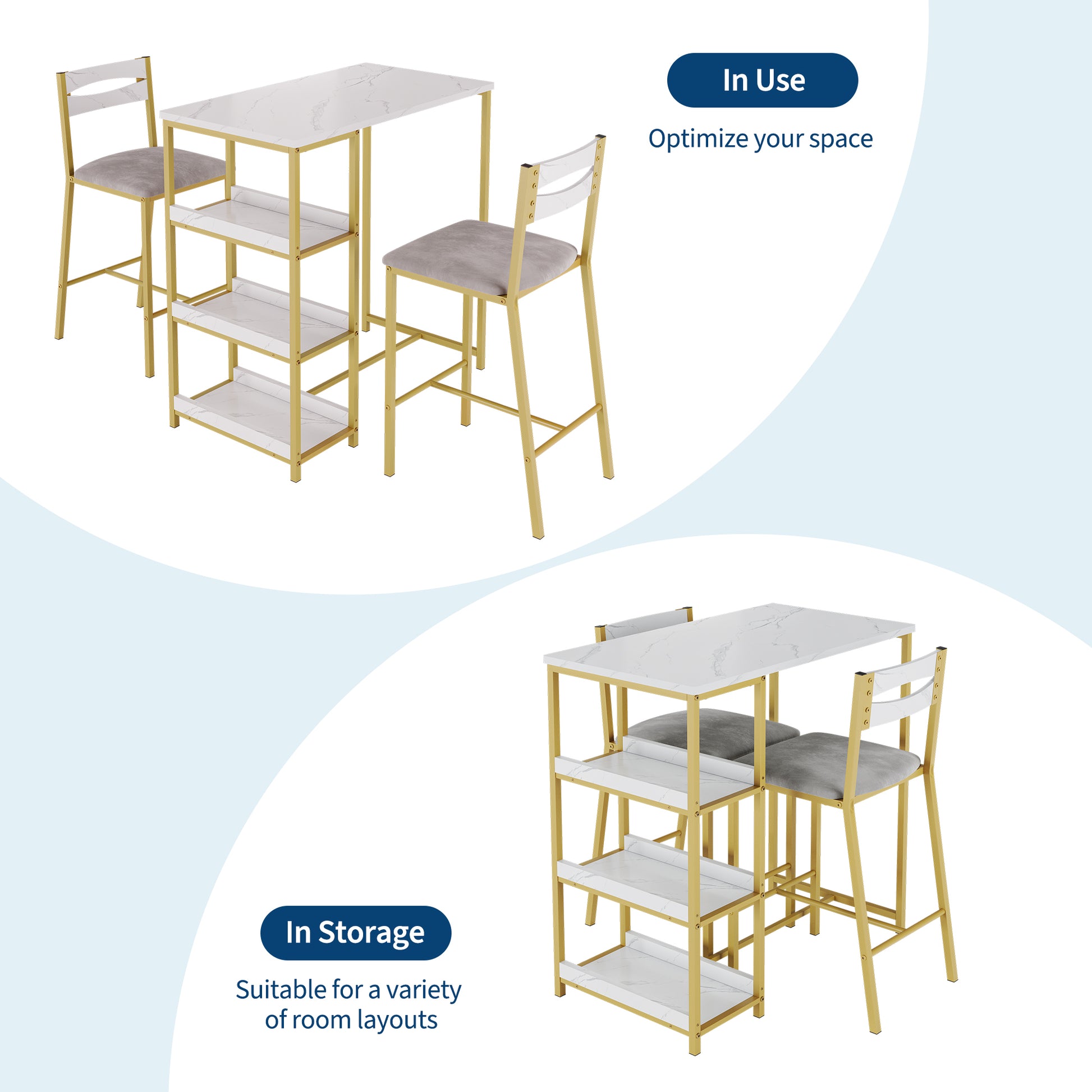 Garvee Modern Marble Finish Bar Table and Chairs Set with 2 Velvet Padded Stools, Flip Top Extension and Storage Shelves, for Small Kitchen and Apartment, Grey & White