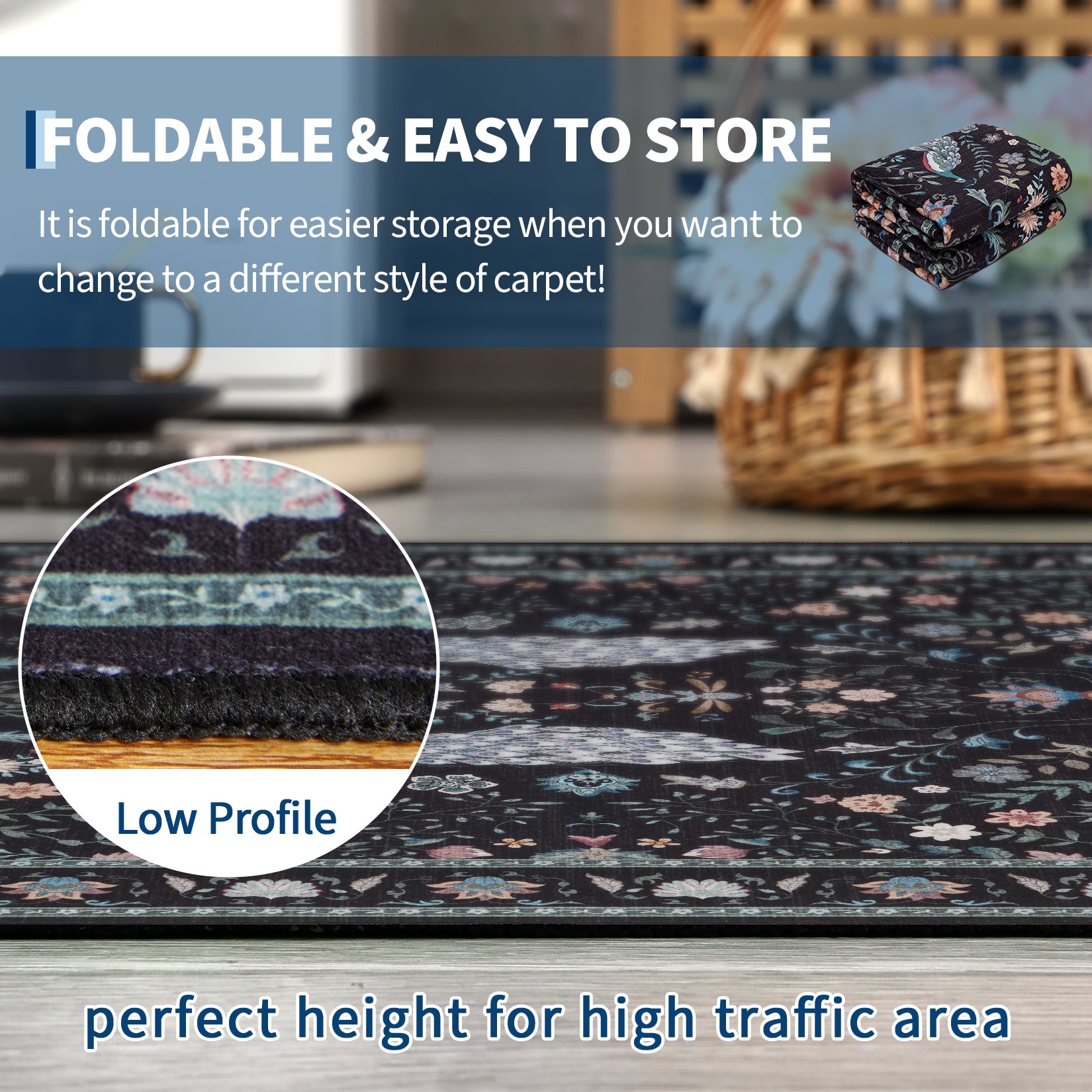 Garvee Living Room Rug 8x10 Washable Floral Non Slip Low Pile Soft Black for Bedroom Dining Room Office