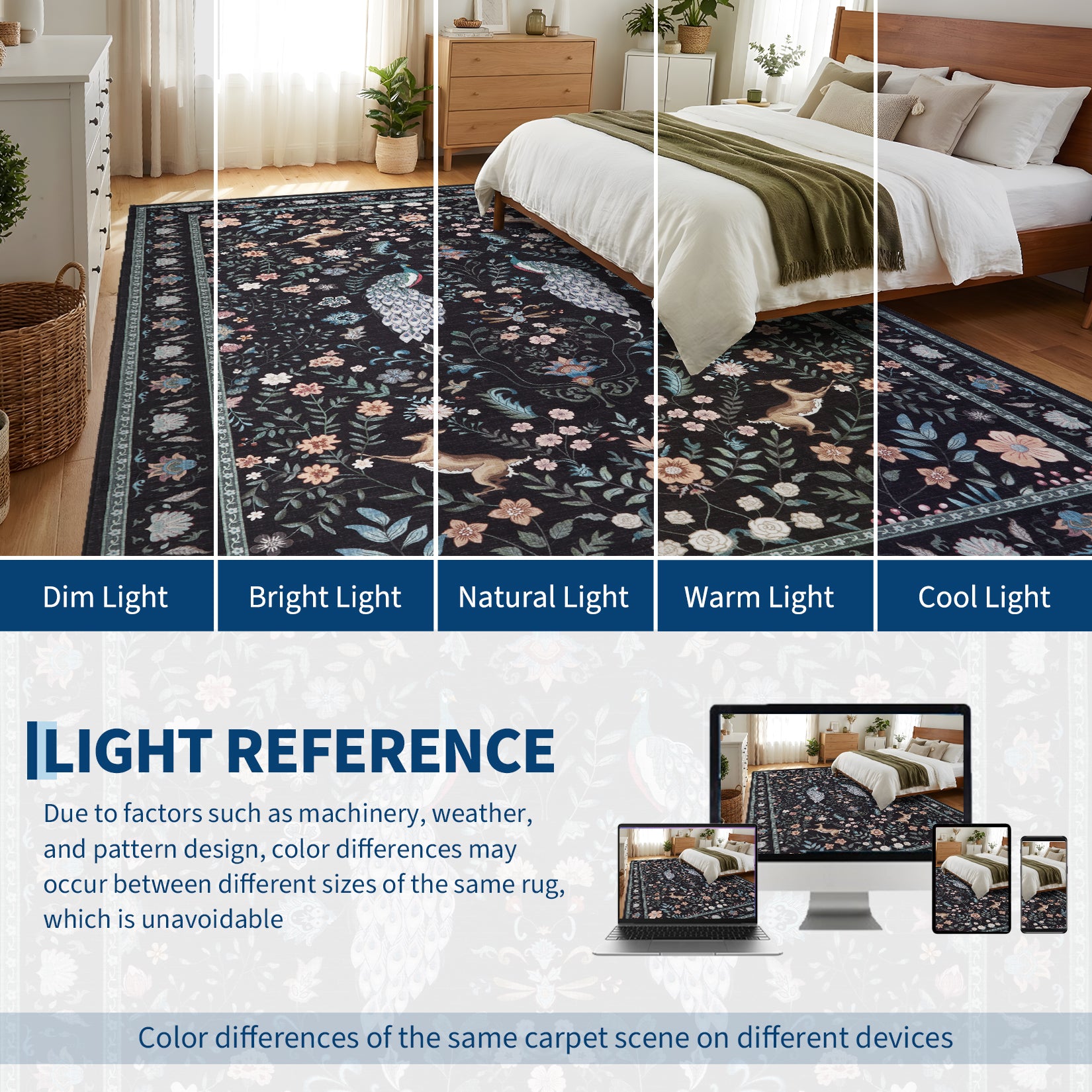 Garvee Living Room Rug 8x10 Washable Floral Non Slip Low Pile Soft Black for Bedroom Dining Room Office