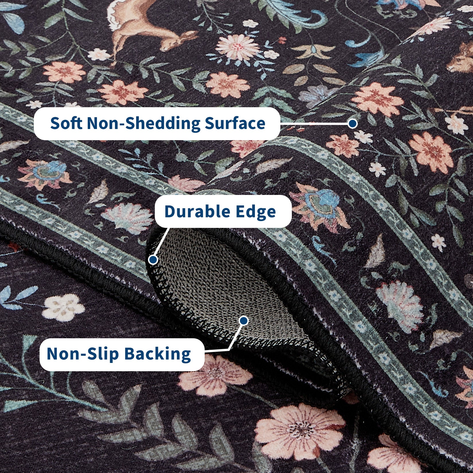 Garvee Living Room Rug 8x10 Washable Floral Non Slip Low Pile Soft Black for Bedroom Dining Room Office