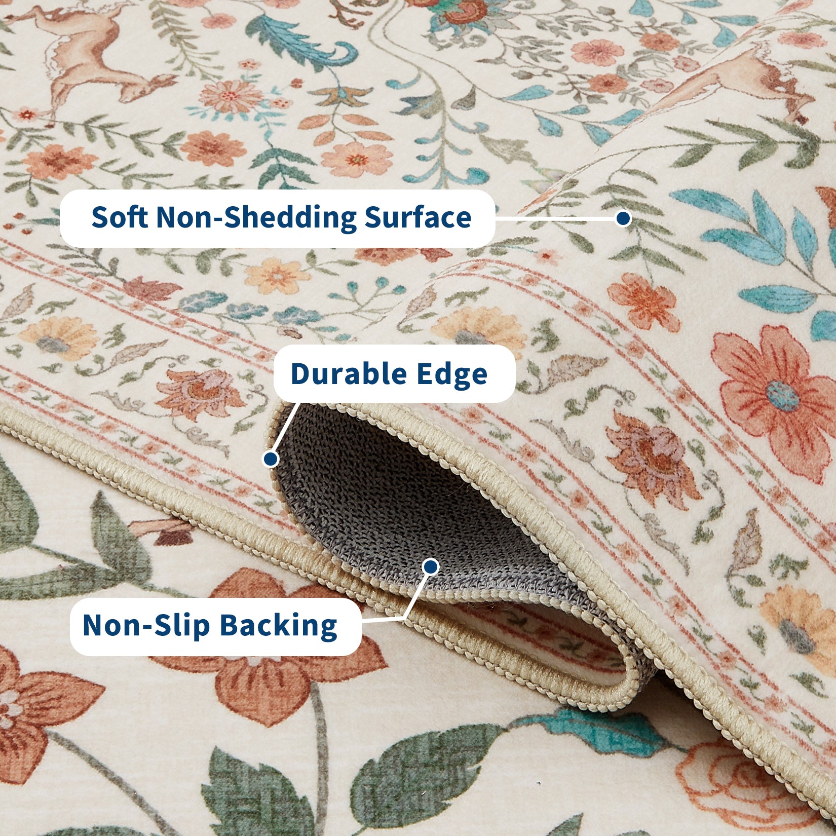 Garvee 8x10 Washable Area Rug, Non-Slip Floral Animal Print Rug with Peacock & Deer, Soft Low Pile Stain-Resistant Carpet for Living Room, Bedroom & Dining Room, Beige
