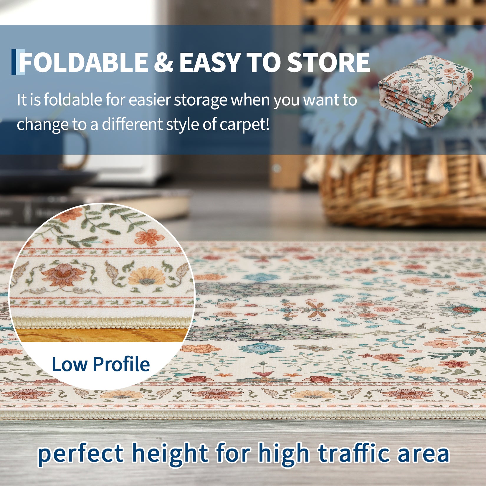 Garvee 8x10 Washable Area Rug, Non-Slip Floral Animal Print Rug with Peacock & Deer, Soft Low Pile Stain-Resistant Carpet for Living Room, Bedroom & Dining Room, Beige