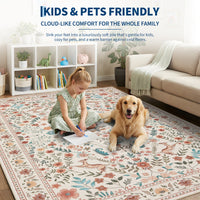 Garvee 8x10 Washable Area Rug, Non-Slip Floral Animal Print Rug with Peacock & Deer, Soft Low Pile Stain-Resistant Carpet for Living Room, Bedroom & Dining Room, Beige