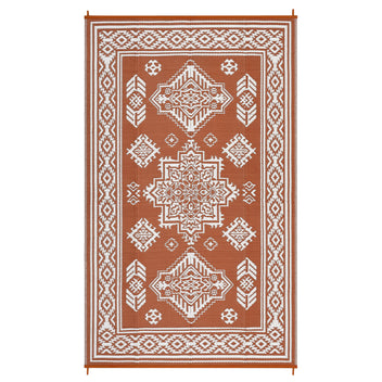 Garvee 9x18 Vintage Outdoor Rugs Waterproof Patio Rugs Indoor Outdoor Medallion Reversible Mat Foldable Lightweight Plastic Straw Carpet for Deck, Picnic, Porch, Camper, Balcony, Beach, Terracotta