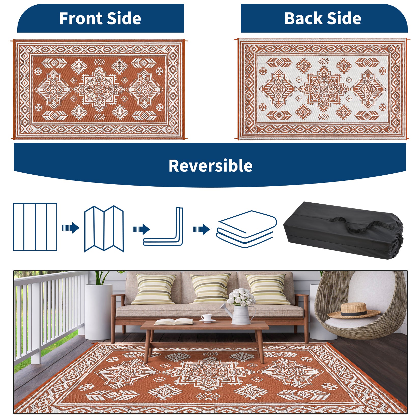 Garvee 9x18 Vintage Outdoor Rugs Waterproof Patio Rugs Indoor Outdoor Medallion Reversible Mat Foldable Lightweight Plastic Straw Carpet for Deck, Picnic, Porch, Camper, Balcony, Beach, Terracotta