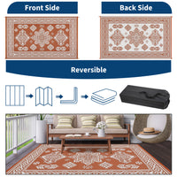Garvee 9x18 Vintage Outdoor Rugs Waterproof Patio Rugs Indoor Outdoor Medallion Reversible Mat Foldable Lightweight Plastic Straw Carpet for Deck, Picnic, Porch, Camper, Balcony, Beach, Terracotta
