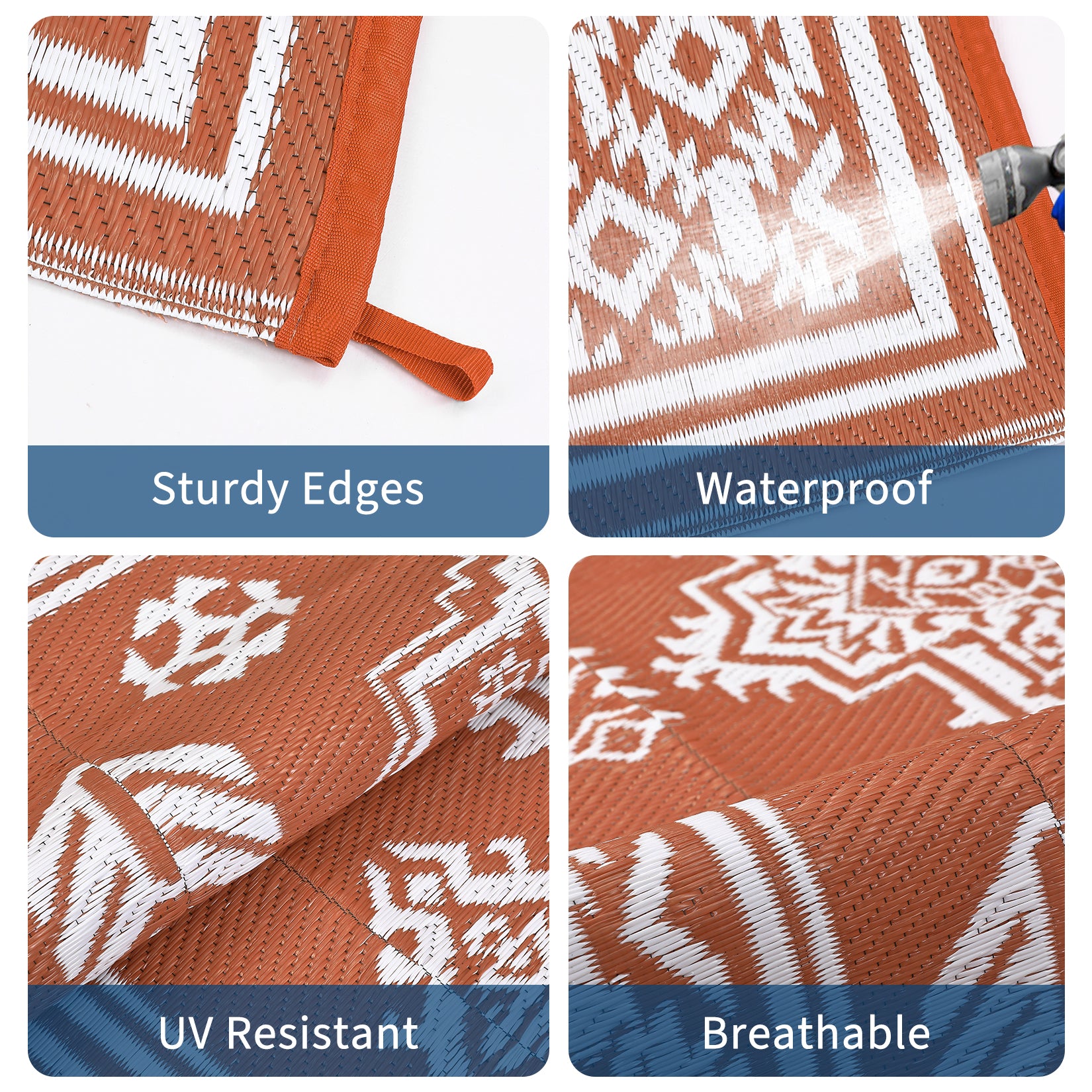Garvee 9x18 Vintage Outdoor Rugs Waterproof Patio Rugs Indoor Outdoor Medallion Reversible Mat Foldable Lightweight Plastic Straw Carpet for Deck, Picnic, Porch, Camper, Balcony, Beach, Terracotta