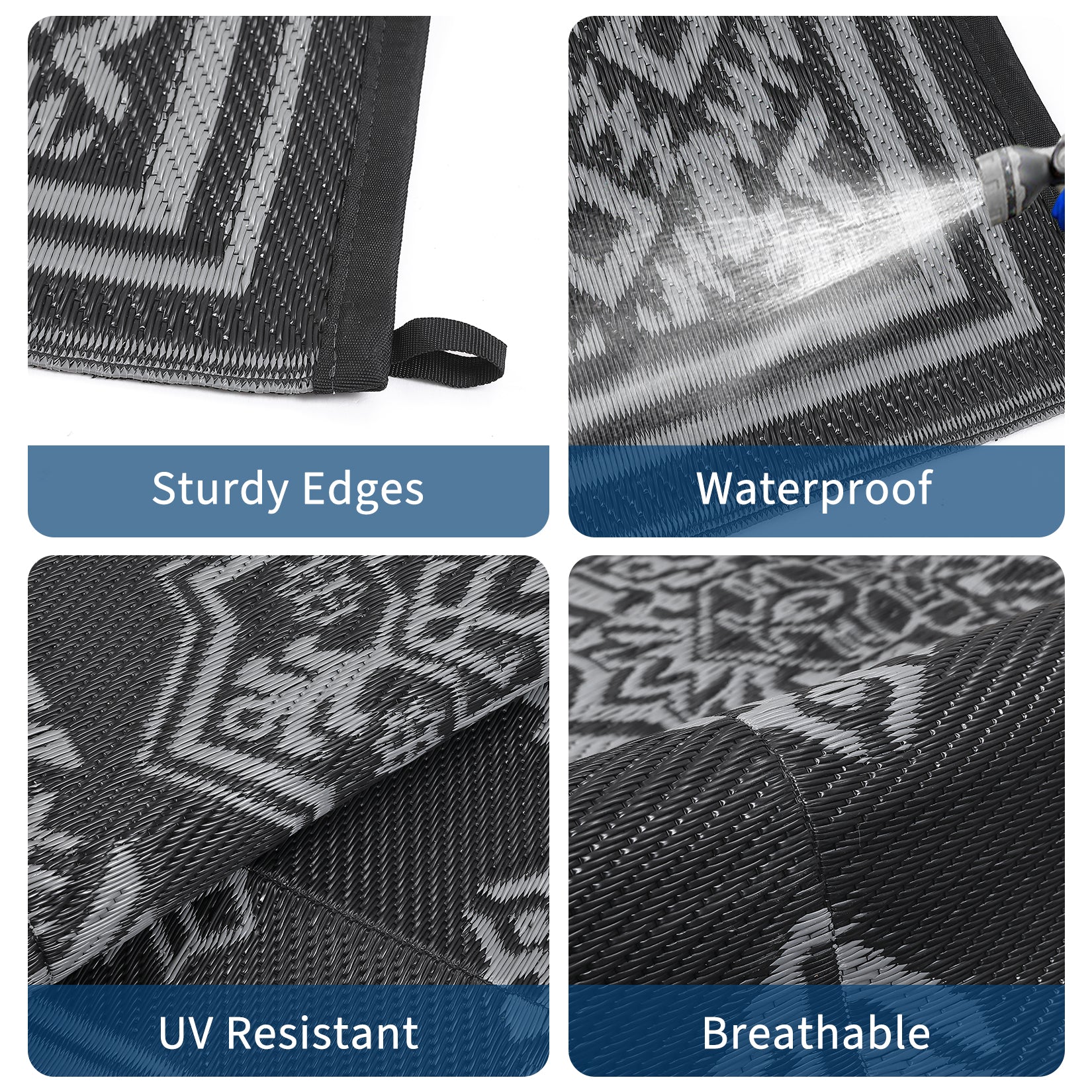 Garvee Outdoor Rug 9x12 Waterproof Reversible Plastic Straw Patio Rug Large Vintage Outdoor RV Mat Foldable Indoor Outdoor Rugs for Picnic, Backyard, Rv, Beach, Deck, Camper, Balcony, Black