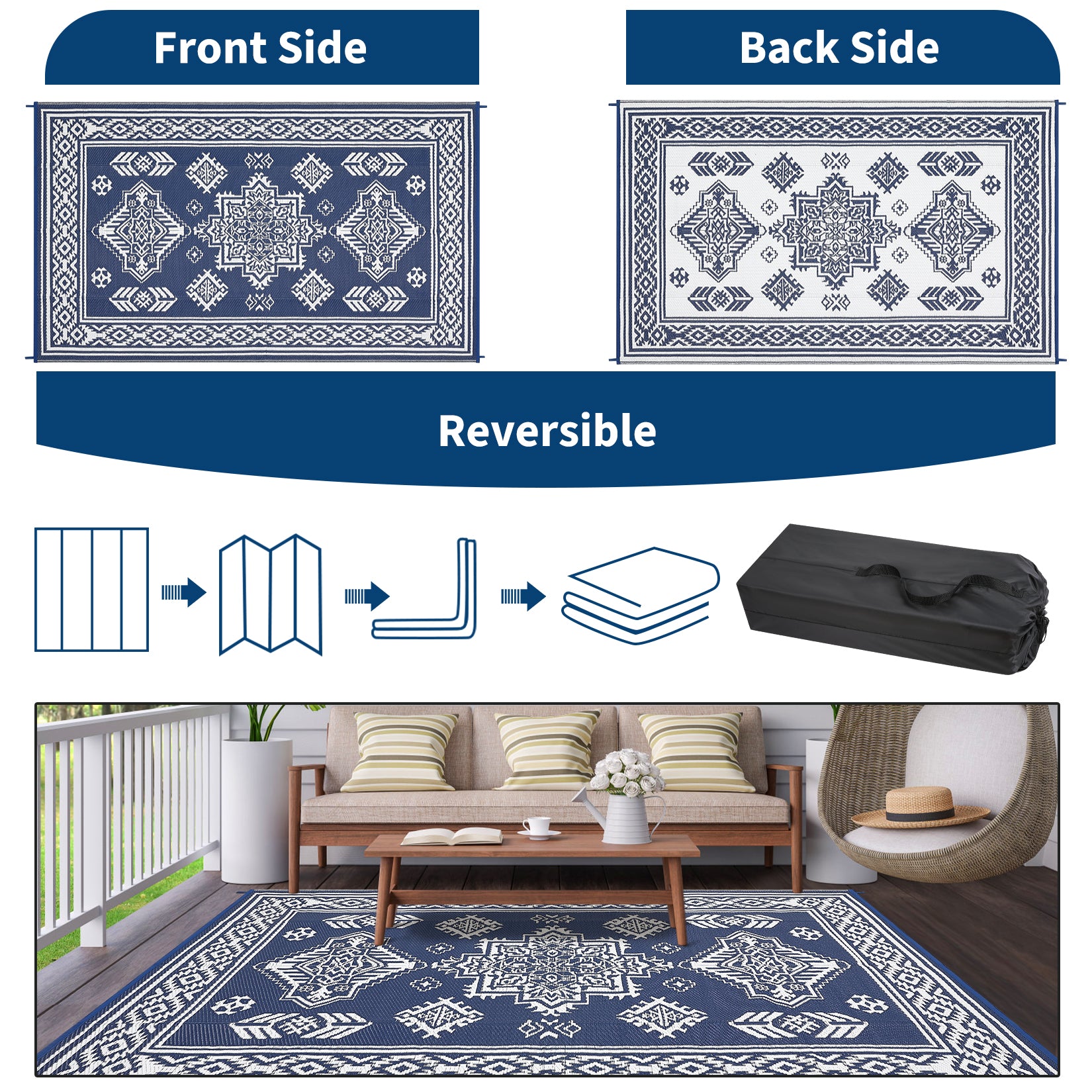 Garvee 9x18 Vintage Outdoor Rugs Waterproof Patio Rugs Indoor Outdoor Medallion Reversible Mat Foldable Lightweight Plastic Straw Carpet for Deck, Picnic, Porch, Camper, Balcony, Beach, Navy