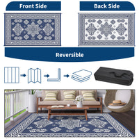 Garvee 9x18 Vintage Outdoor Rugs Waterproof Patio Rugs Indoor Outdoor Medallion Reversible Mat Foldable Lightweight Plastic Straw Carpet for Deck, Picnic, Porch, Camper, Balcony, Beach, Navy
