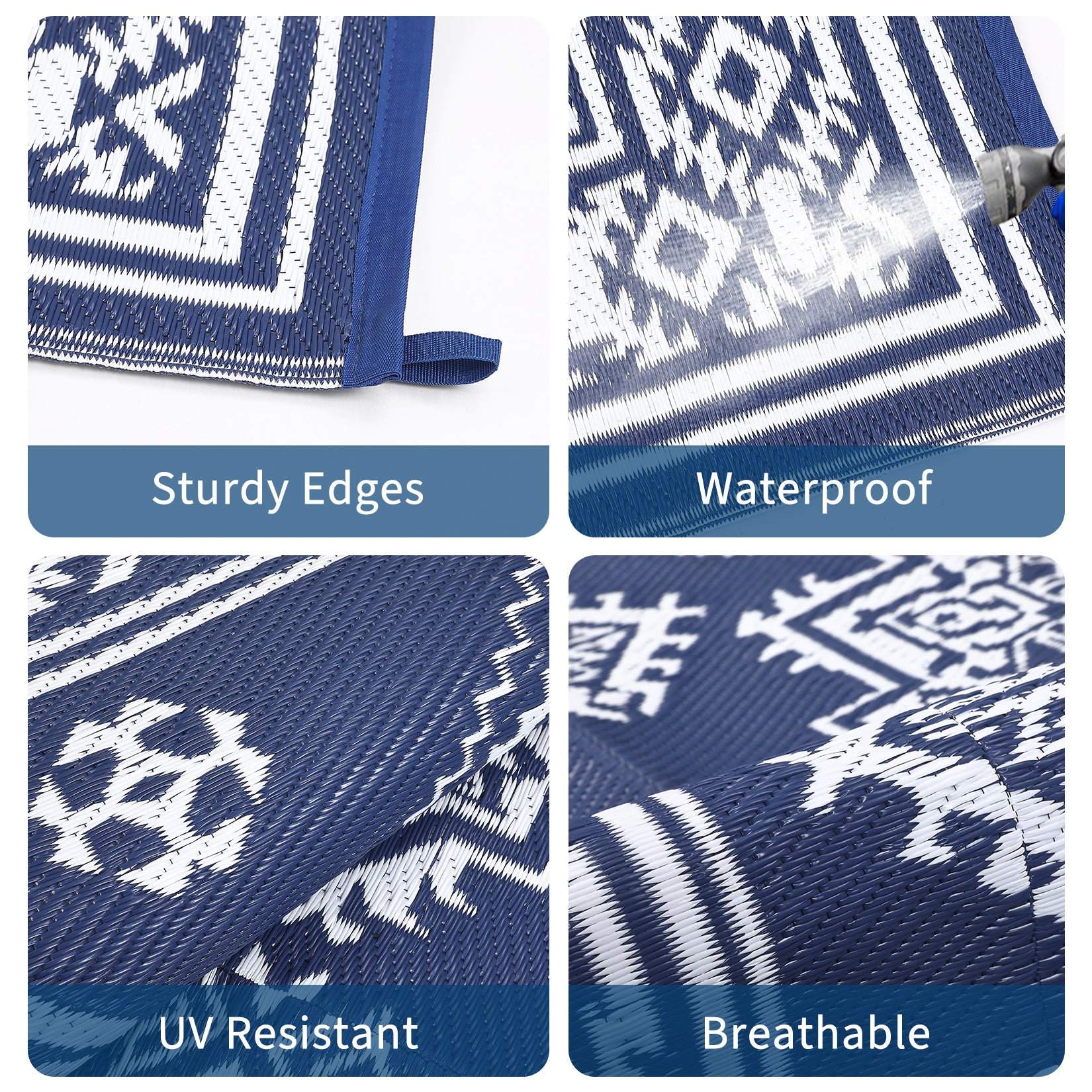 Garvee Waterproof Outdoor Rug 8x10 Reversible Plastic Straw Patio Rug Stain-Resistant Vintage Medallion Carpet Foldable Indoor Outdoor Rugs for Picnic, Backyard, Rv, Beach, Deck, Camper, Balcony, Navy