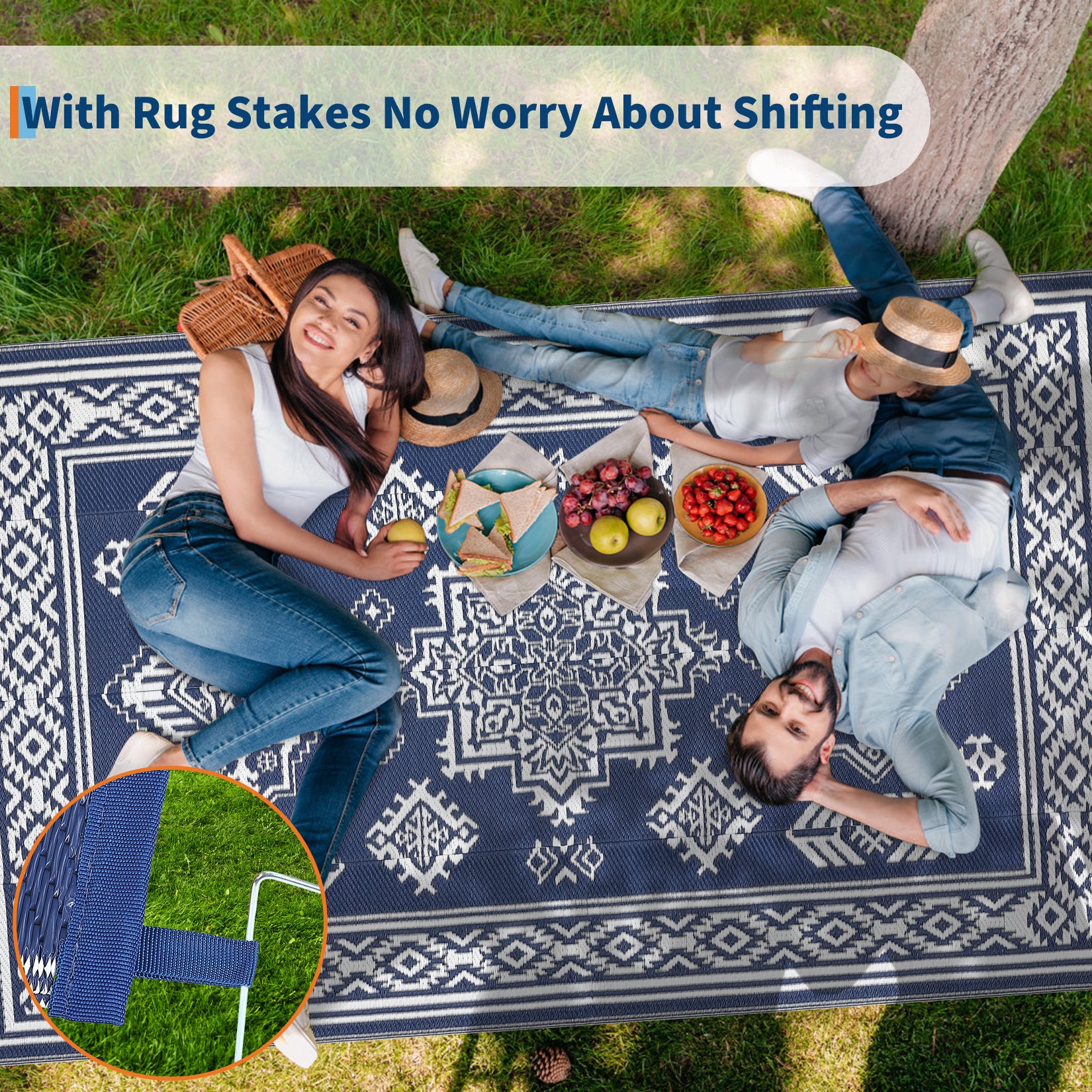 Garvee Waterproof Outdoor Rug 8x10 Reversible Plastic Straw Patio Rug Stain-Resistant Vintage Medallion Carpet Foldable Indoor Outdoor Rugs for Picnic, Backyard, Rv, Beach, Deck, Camper, Balcony, Navy
