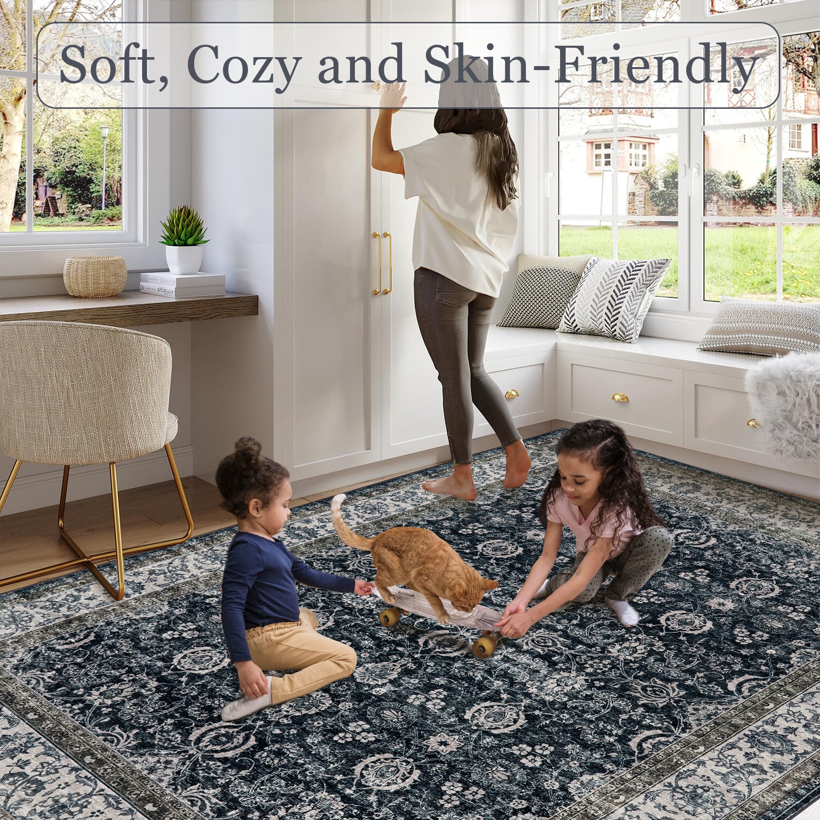 Garvee 2x6 Vintage Persian Runner Rug, Non Slip Low Pile Soft Hallway Rug, Decorative Carpet Runner for Entryway, Bedroom & Kitchen, Black/Beige