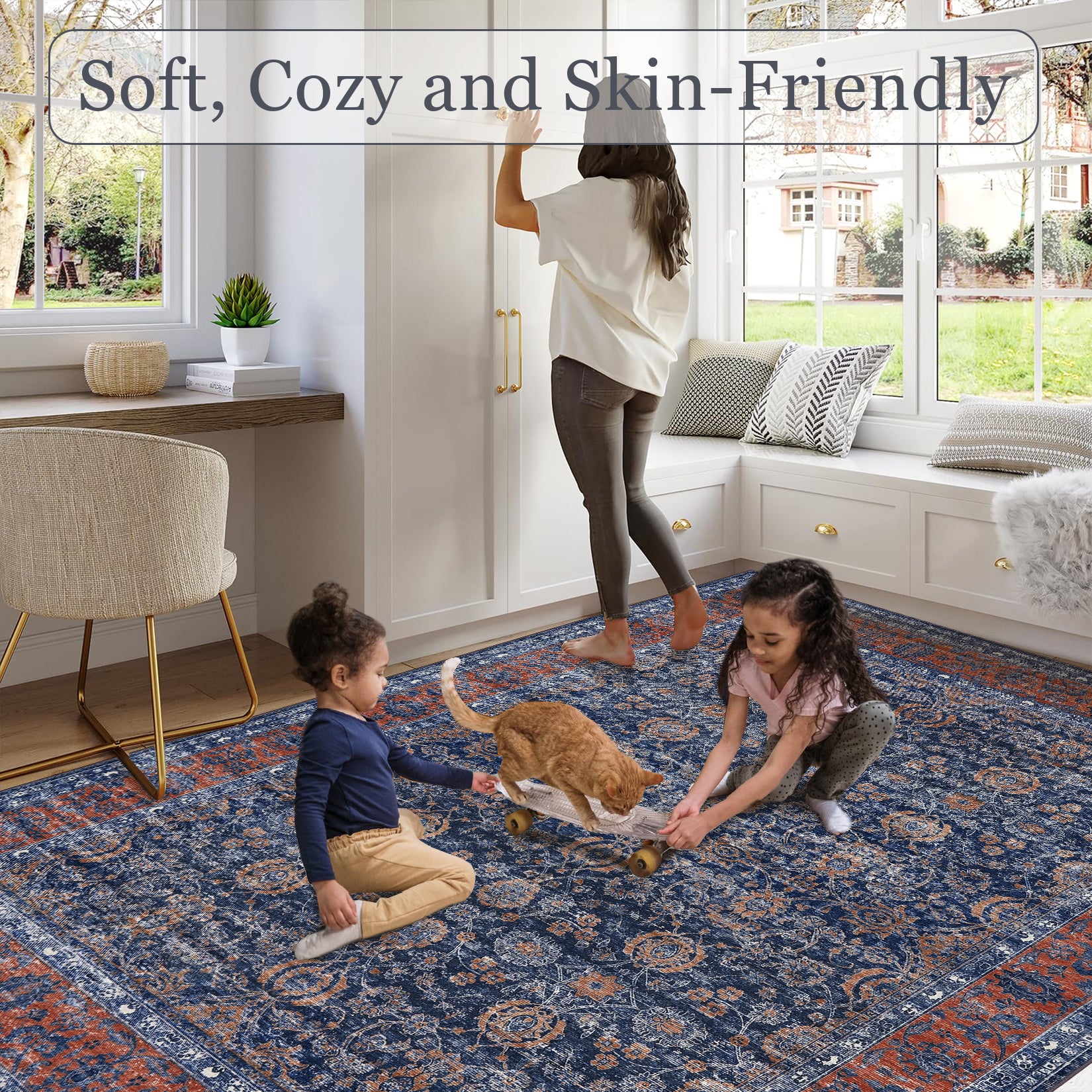 Garvee 2x6 Vintage Persian Runner Rug, Non Slip Low Pile Soft Hallway Rug, Decorative Carpet Runner for Entryway, Bedroom & Kitchen, Blue/Red