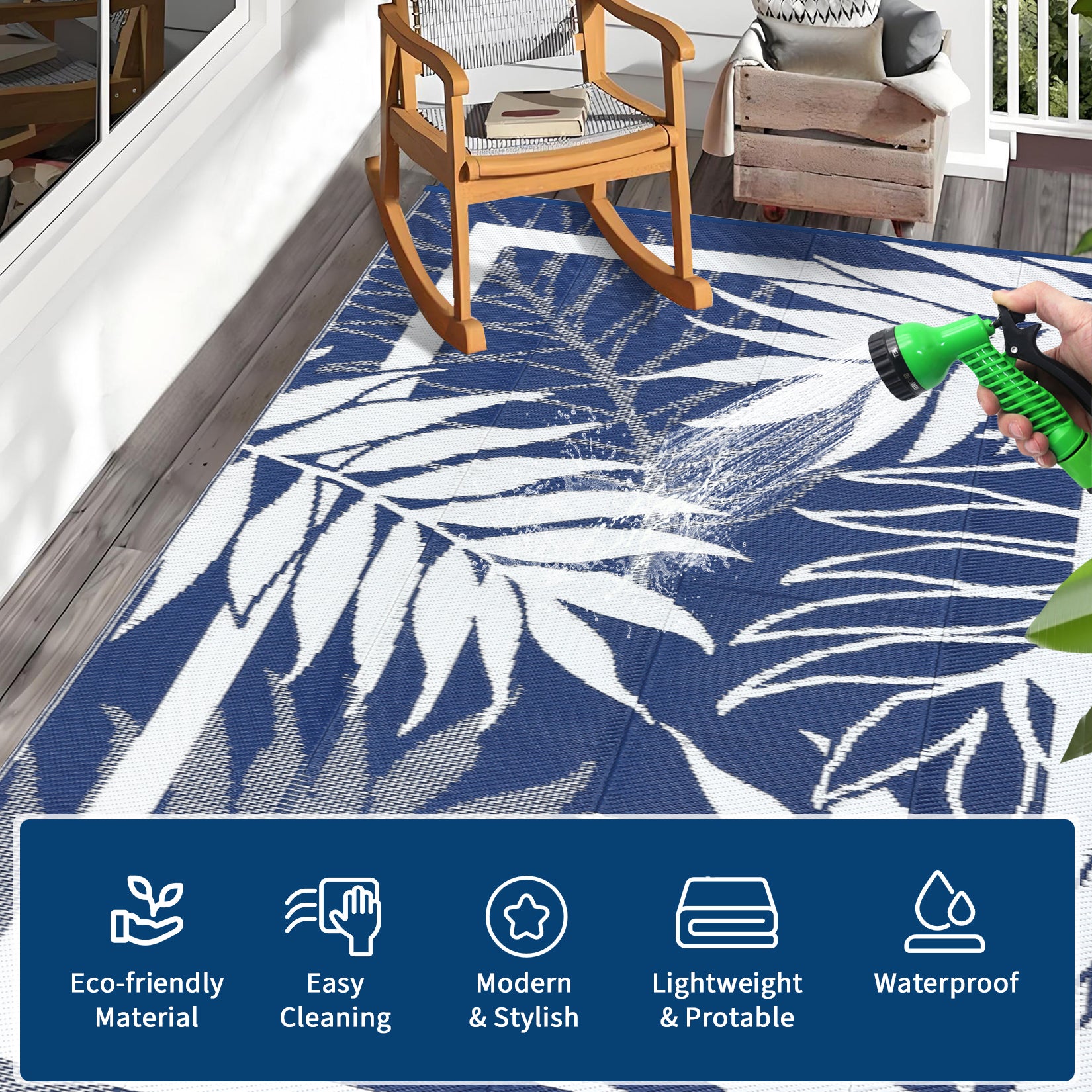 Garvee Heavy Duty Outdoor Waterproof Plastic Mat – Modern Area Rug for Patio, Garden, Deck – UV Resistant, Easy to Clean, Portable – Navy Blue/White – 9x18ft