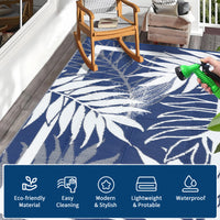 Garvee Heavy Duty Outdoor Waterproof Plastic Mat – Modern Area Rug for Patio, Garden, Deck – UV Resistant, Easy to Clean, Portable – Navy Blue/White – 9x18ft