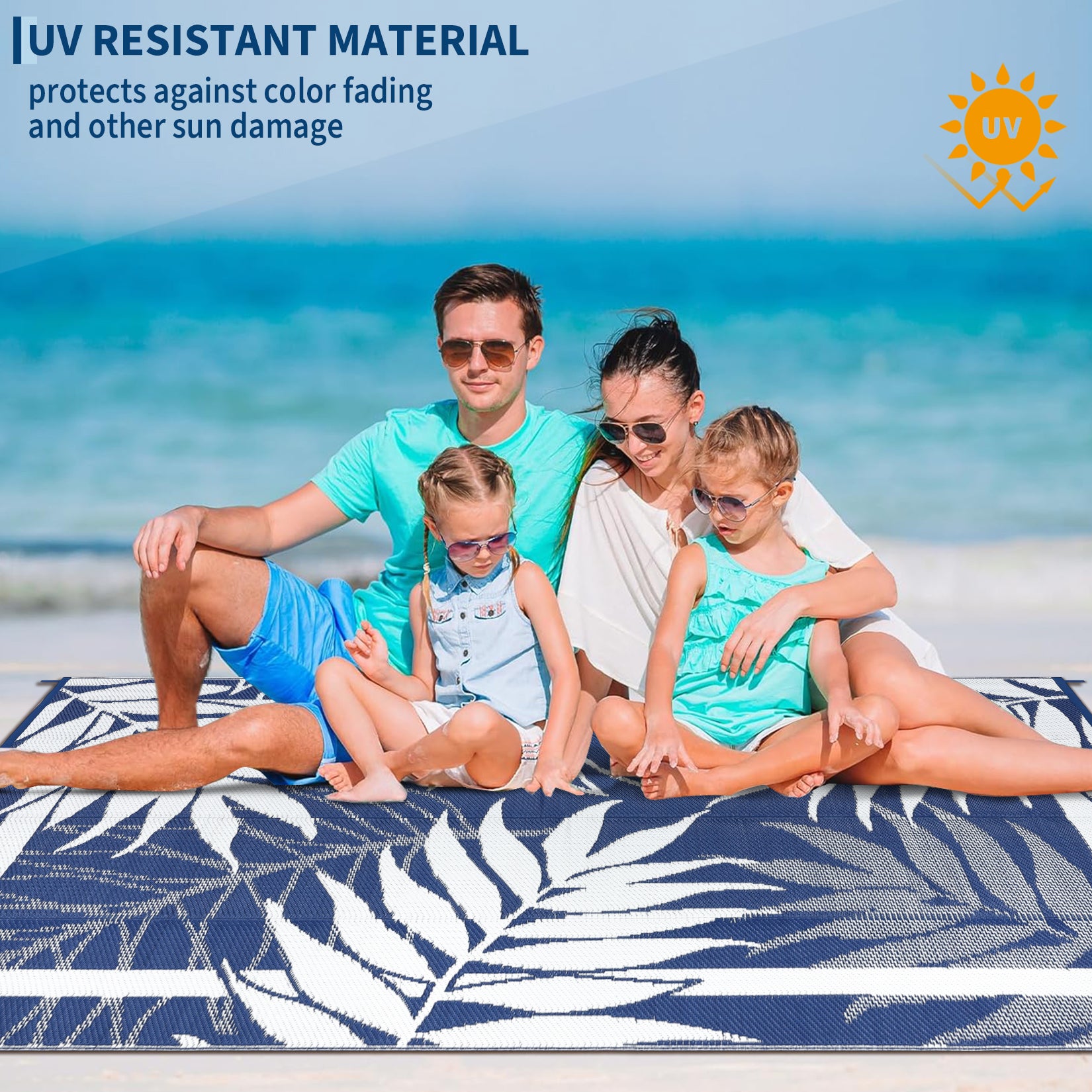 Garvee Heavy Duty Outdoor Waterproof Plastic Mat – Modern Area Rug for Patio, Garden, Deck – UV Resistant, Easy to Clean, Portable – Navy Blue/White – 9x18ft