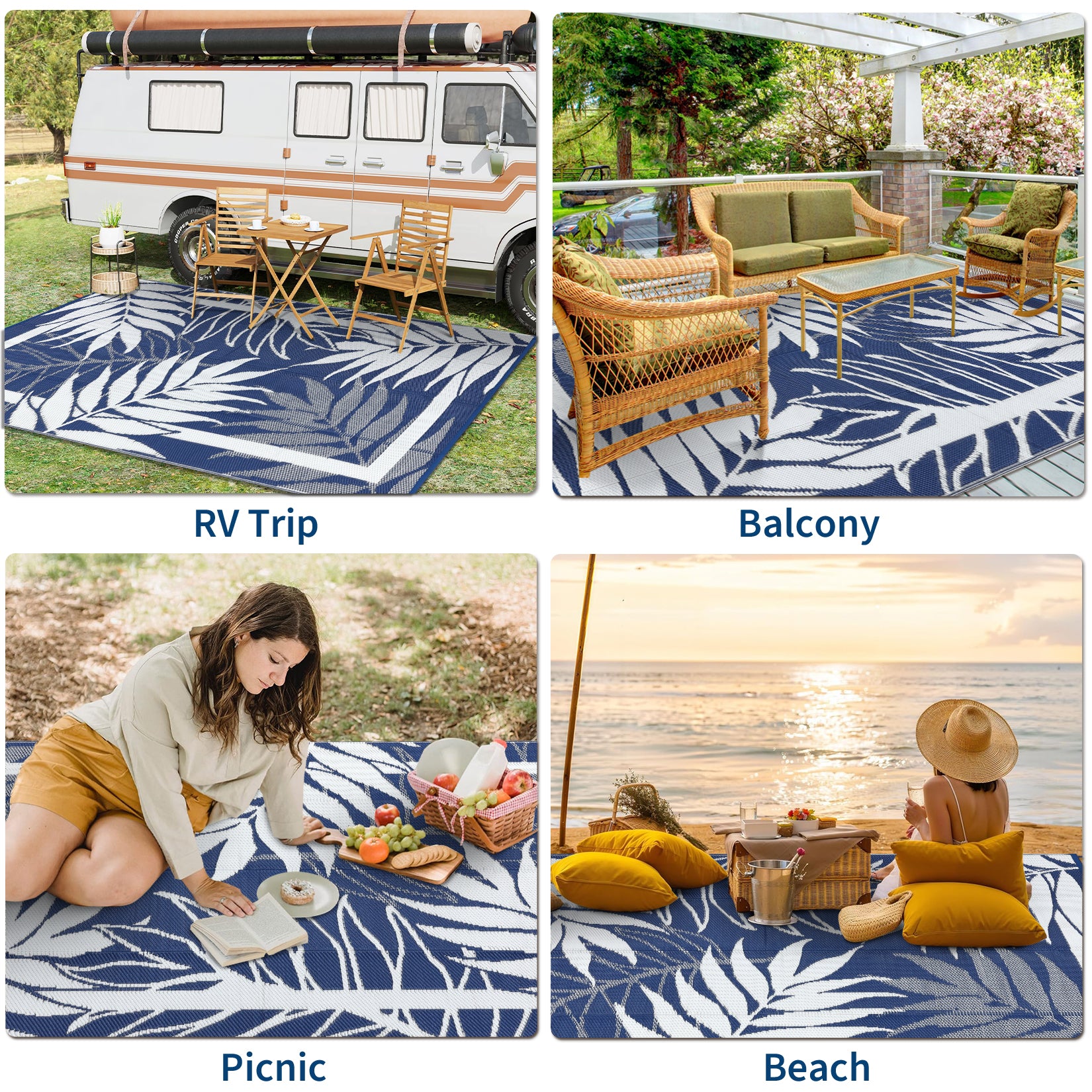 Garvee Reversible Outdoor Waterproof Plastic Rug - Non-Slip, Easy Clean, UV Resistant Patio Mat for Backyard, Garden, Camping, Picnic - Deep Blue/White, 9x12ft