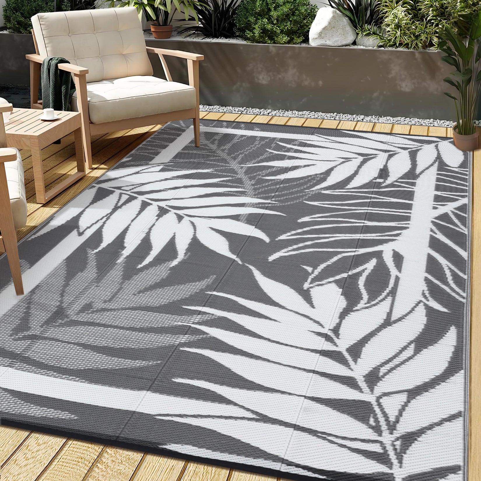 Garvee Outdoor Waterproof Reversible Rug – Modern Grey & White Plastic Patio Carpet, UV & Fade Resistant, Non-Slip, Easy Clean – For Garden, Deck, Porch, Backyard, Camping, 8x10ft