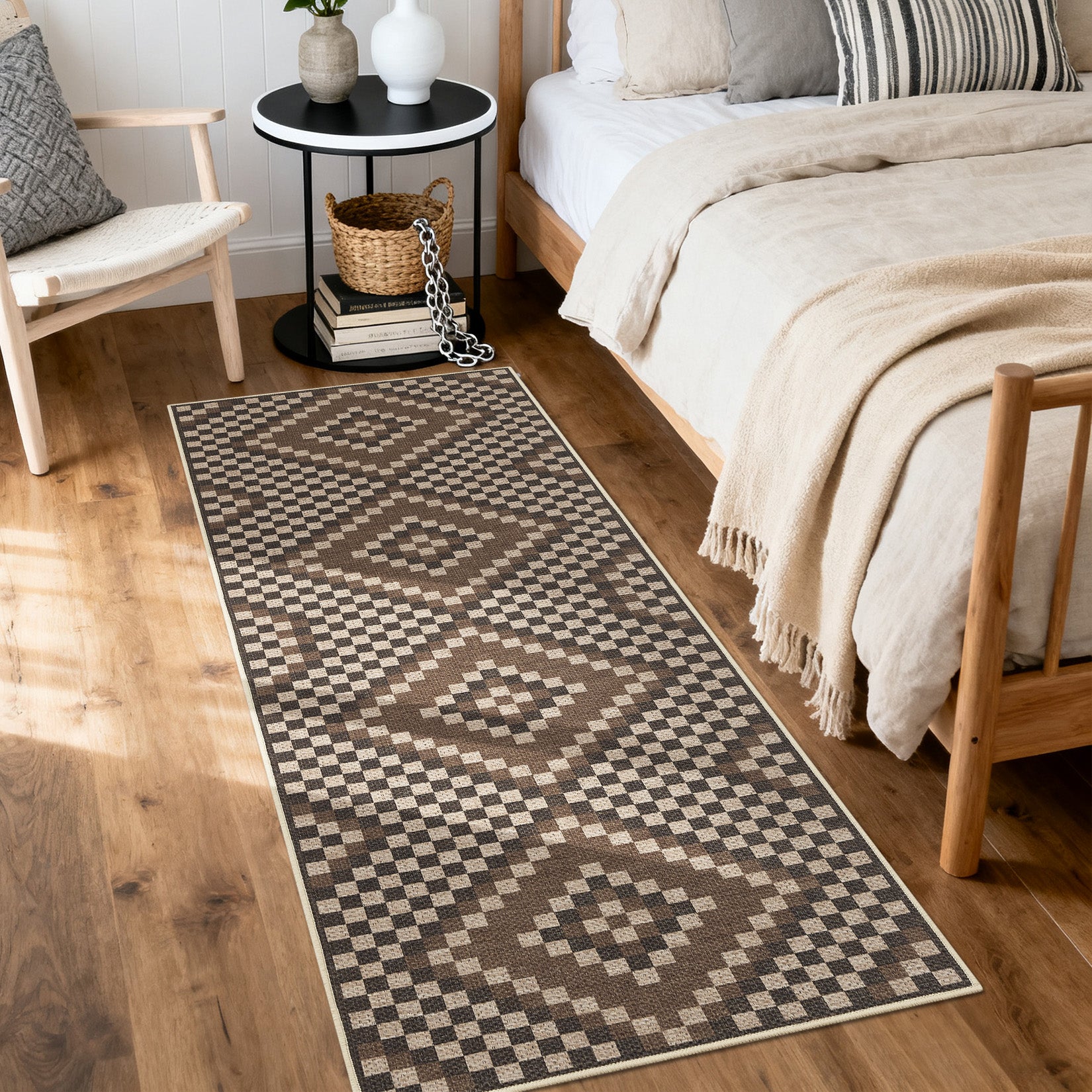 Garvee 2' x 6' Brown Bohemian Runner Rug, Washable Non-Slip Linen-Look Low-Pile Rug for Kitchen, Hallway, Bedroom & Indoor Outdoor Use