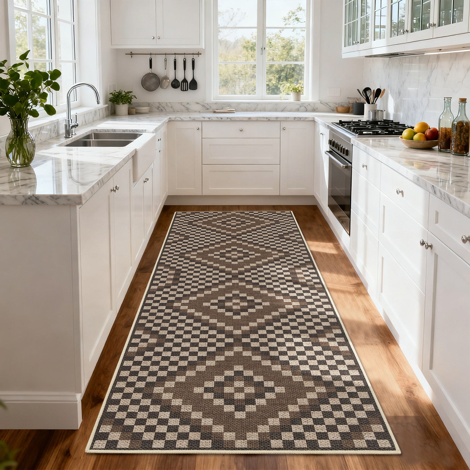 Garvee 2' x 6' Brown Bohemian Runner Rug, Washable Non-Slip Linen-Look Low-Pile Rug for Kitchen, Hallway, Bedroom & Indoor Outdoor Use