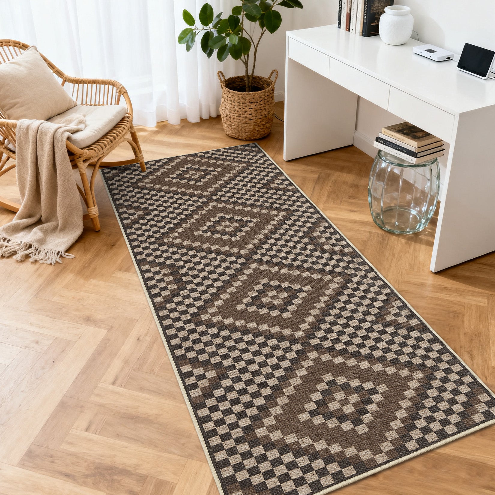 Garvee 2' x 6' Brown Bohemian Runner Rug, Washable Non-Slip Linen-Look Low-Pile Rug for Kitchen, Hallway, Bedroom & Indoor Outdoor Use