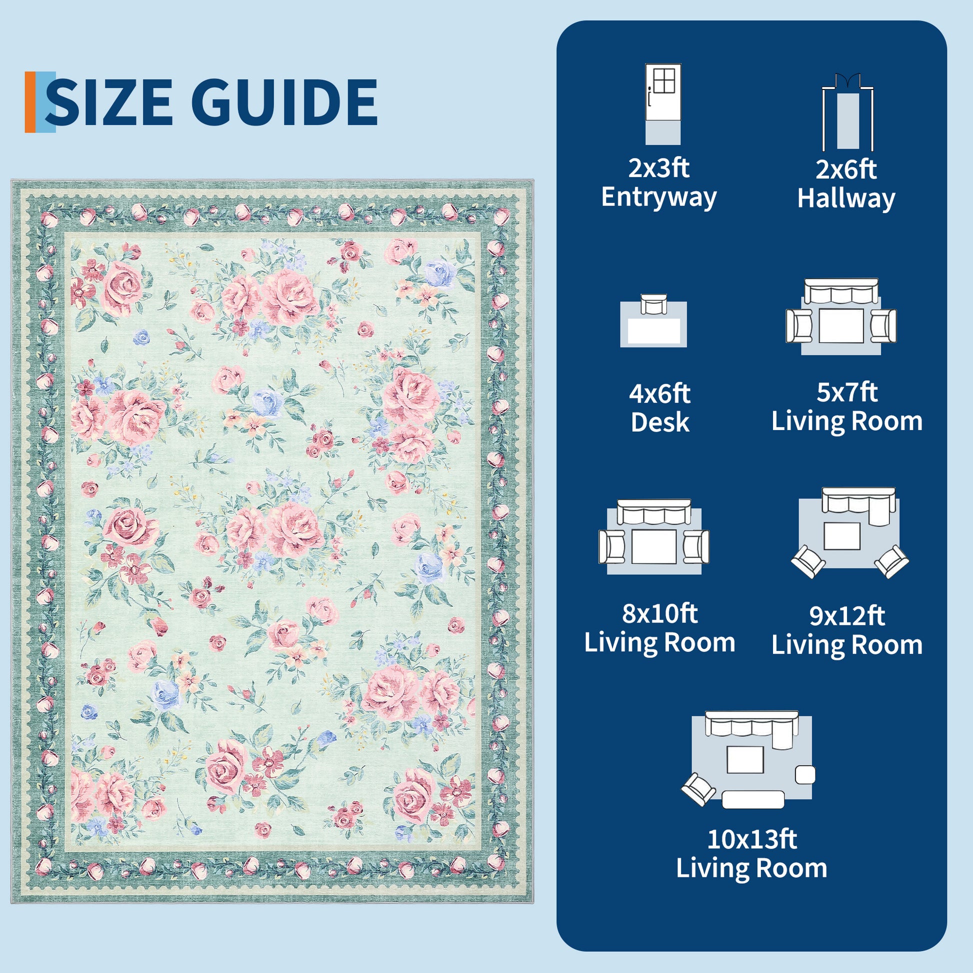 Garvee Floral Washable Rugs 9x12 Green, Large Non-Slip Soft Vintage Retro Area Rug for Living Room Bedroom Dining Room Nursery