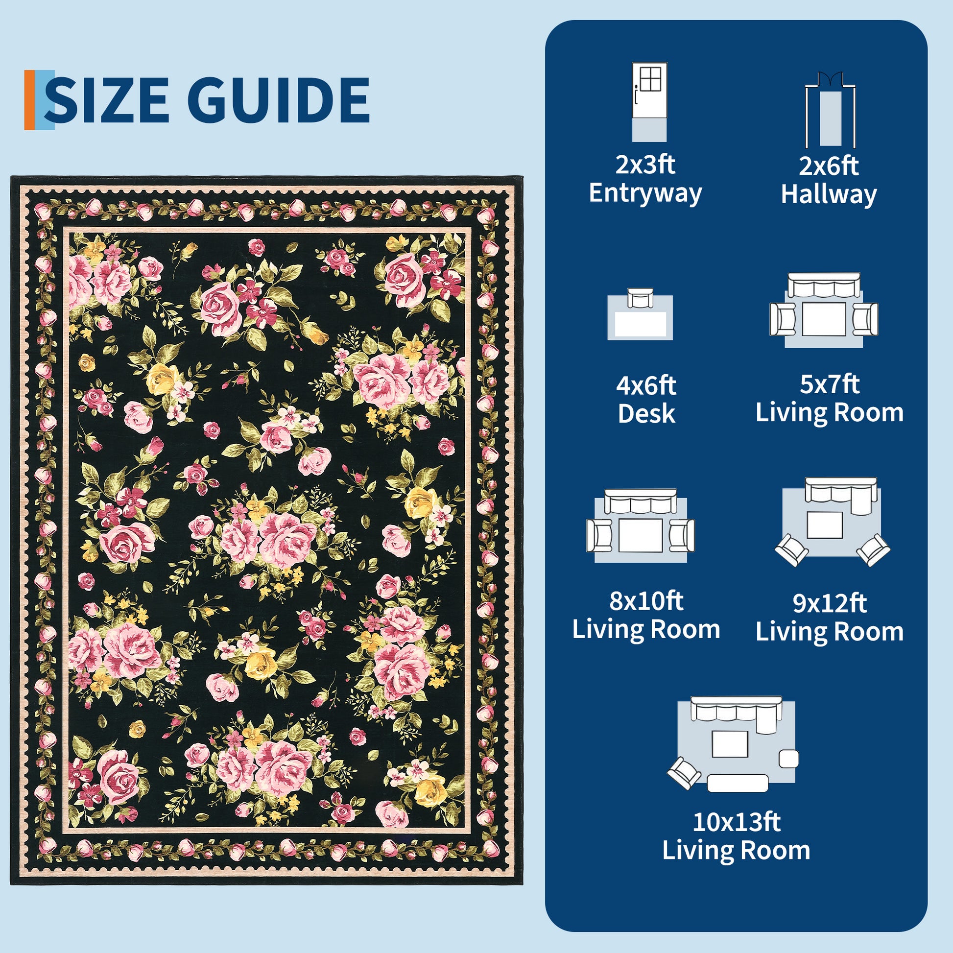 Garvee Floral 5x7 Area Rugs Soft Non Slip Farmhouse Rugs Vintage Low Pile Living Room Rug Black