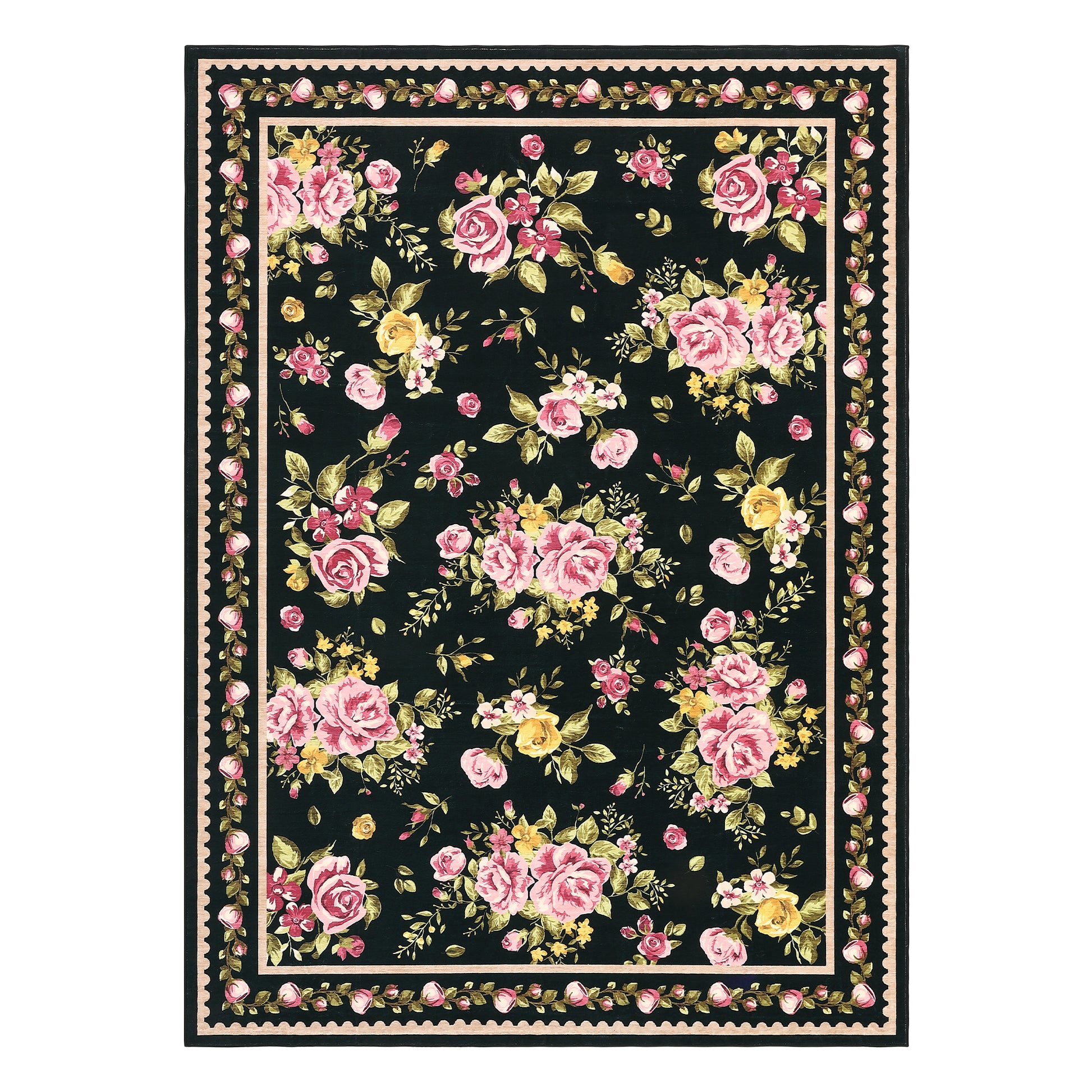 Garvee Floral 5x7 Area Rugs Soft Non Slip Farmhouse Rugs Vintage Low Pile Living Room Rug Black