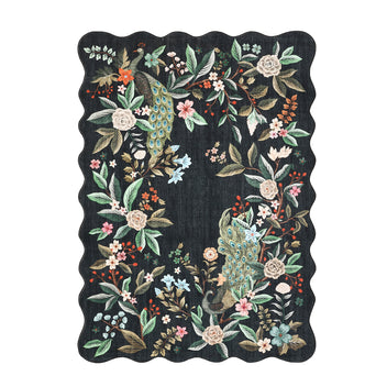 Garvee Scalloped Washable 4x6 Area Rug Floral Peacock Rugs for Living Room Bedroom Soft Non Slip Large Under Table Carpet Black