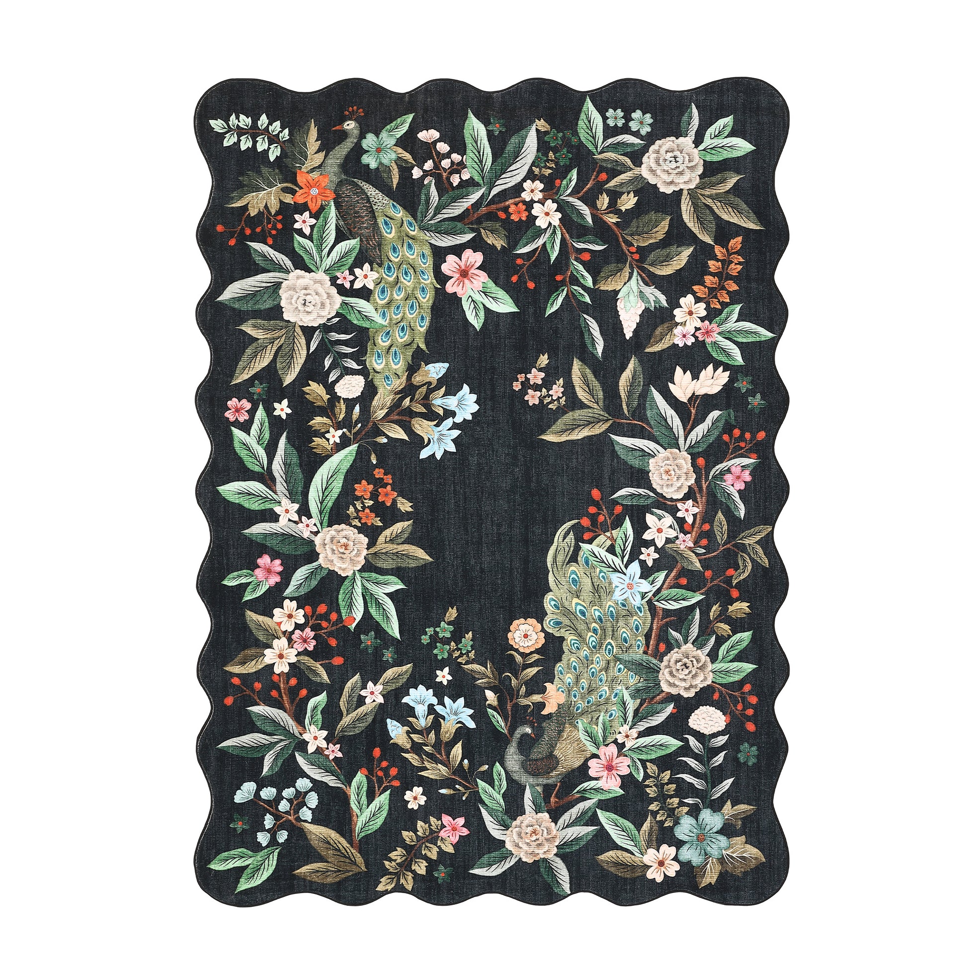 Garvee Scalloped Washable 9x12 Area Rug Floral Peacock Rugs for Living Room Bedroom Soft Non Slip Large Under Table Carpet Black