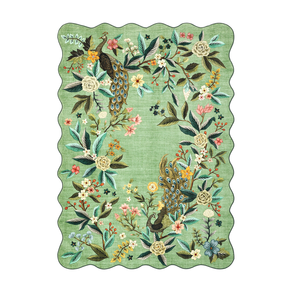 Garvee Scalloped Green Area Rug 8x10 - Floral Peacock Design, Washable & Non-Slip, Ultra Thin Soft Fabric, Stain Resistant, Large Farmhouse Style for Living Room Nursery
