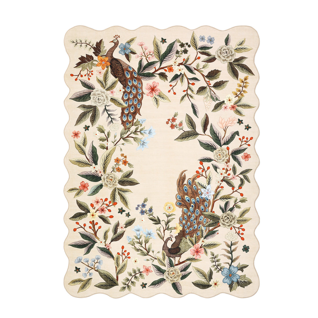 Garvee Scalloped Floral Peacock Rug 5x7 Washable Non-Slip Low Pile TPE Backing Lightweight Durable Nursery Living Room
