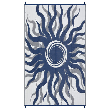 Garvee Outdoor Rug 8x10 Waterproof Patio Rug with Boho Sun Pattern, Reversible, UV-Resistant, Plastic Straw, Lightweight & Portable, Navy Blue, Ideal for Deck & Picnic