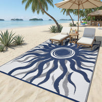 Garvee Outdoor Rug 8x10 Waterproof Patio Rug with Boho Sun Pattern, Reversible, UV-Resistant, Plastic Straw, Lightweight & Portable, Navy Blue, Ideal for Deck & Picnic